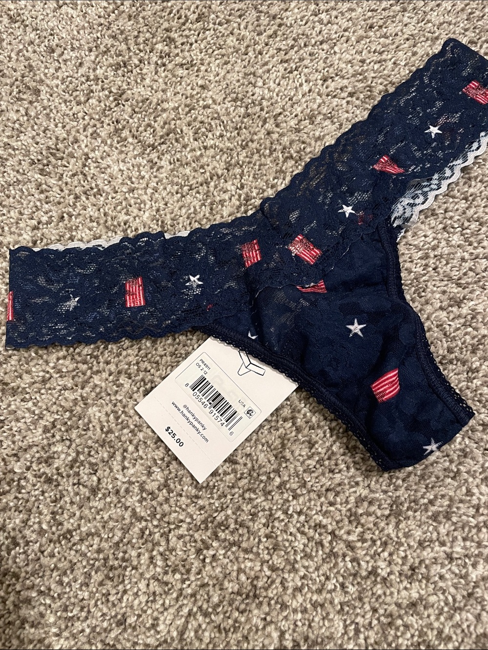 Hanky Panky Navy Lace Thong with Red and White Star & Flag Accents
